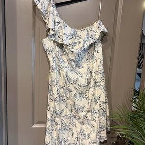 NWT Banana Republic One-Shoulder Cream Dress with Navy Leaf Print